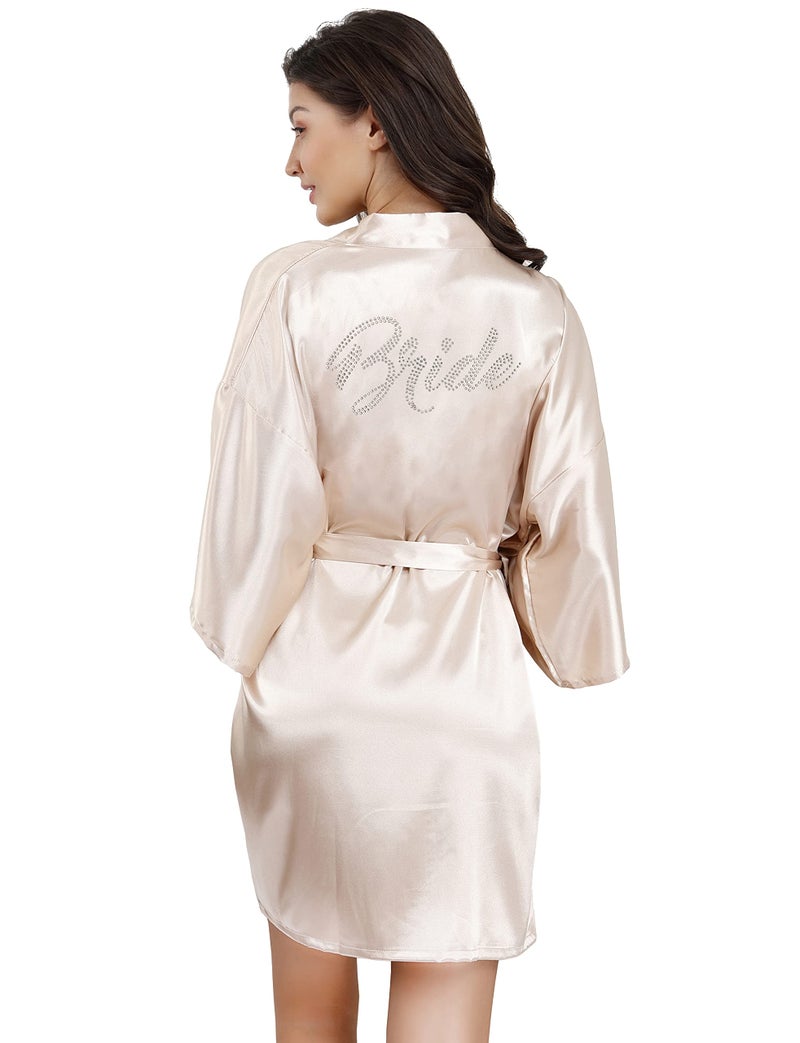 EPLAZA Women's One Size Silver Rhinestones Bride Bridesmaid Short Satin Robes for Wedding Party Getting Ready (Champagne, Bride) - Image 2
