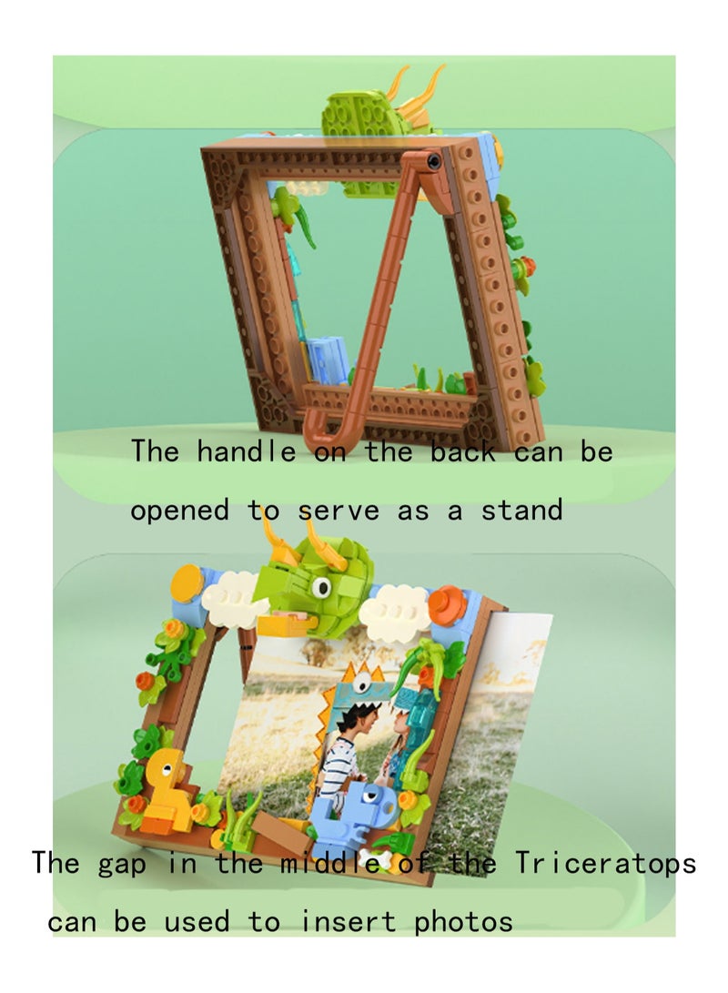 Curious Triceratops Photo Frame, Desktop Dinosaur Ornaments Building Blocks Toys, Children'S Educational Assembly Model Gifts  - Image 2