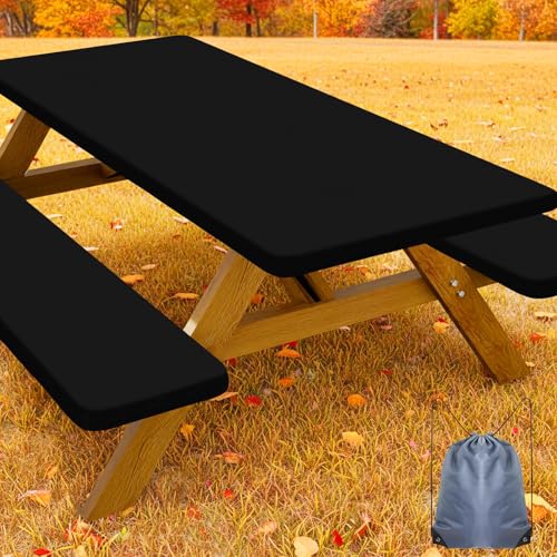 Smiry Picnic Table Cover with Bench Covers, Waterproof Elastic Fitted Polyester Tablecloths for 6 Ft Rectangle Tables, Washable Windproof Tablecloth for Camping, RV & Outdoor (Black, 30x72 Inches) - Image 1