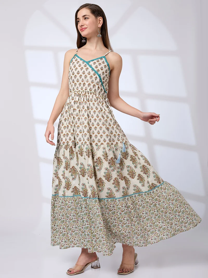 جلو باص Globus Women V-Neck Strappy Shoulder Tassel Tie-Ups Floral Print A-Line Fusion Maxi Dress