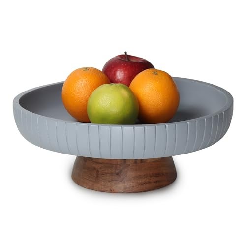 LAVAUK Mango Wood fruit bowl, Decorative gray bowl with natural finish pedestal | 12" dia | Dual tone look | Use as Centerpiece for kitchen counter or dining table | Wooden table decor|(Gray) - Image 1