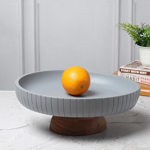 LAVAUK Mango Wood fruit bowl, Decorative gray bowl with natural finish pedestal | 12" dia | Dual tone look | Use as Centerpiece for kitchen counter or dining table | Wooden table decor|(Gray) - Image 5