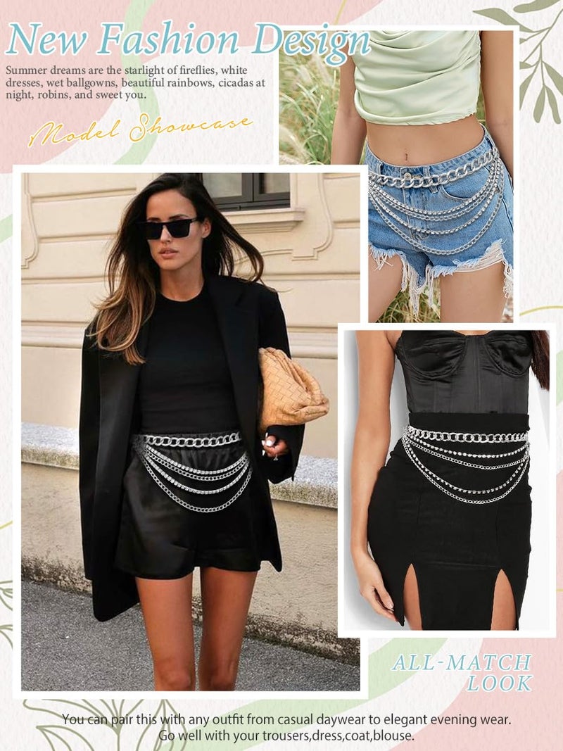 FIORETTO Chain Belt for Women Fashion Multilayer Rhinestone Belts Metal Waist Chain Crystal Sparkly Chunky Link Belts for Dress Silver Length 39" - Image 2