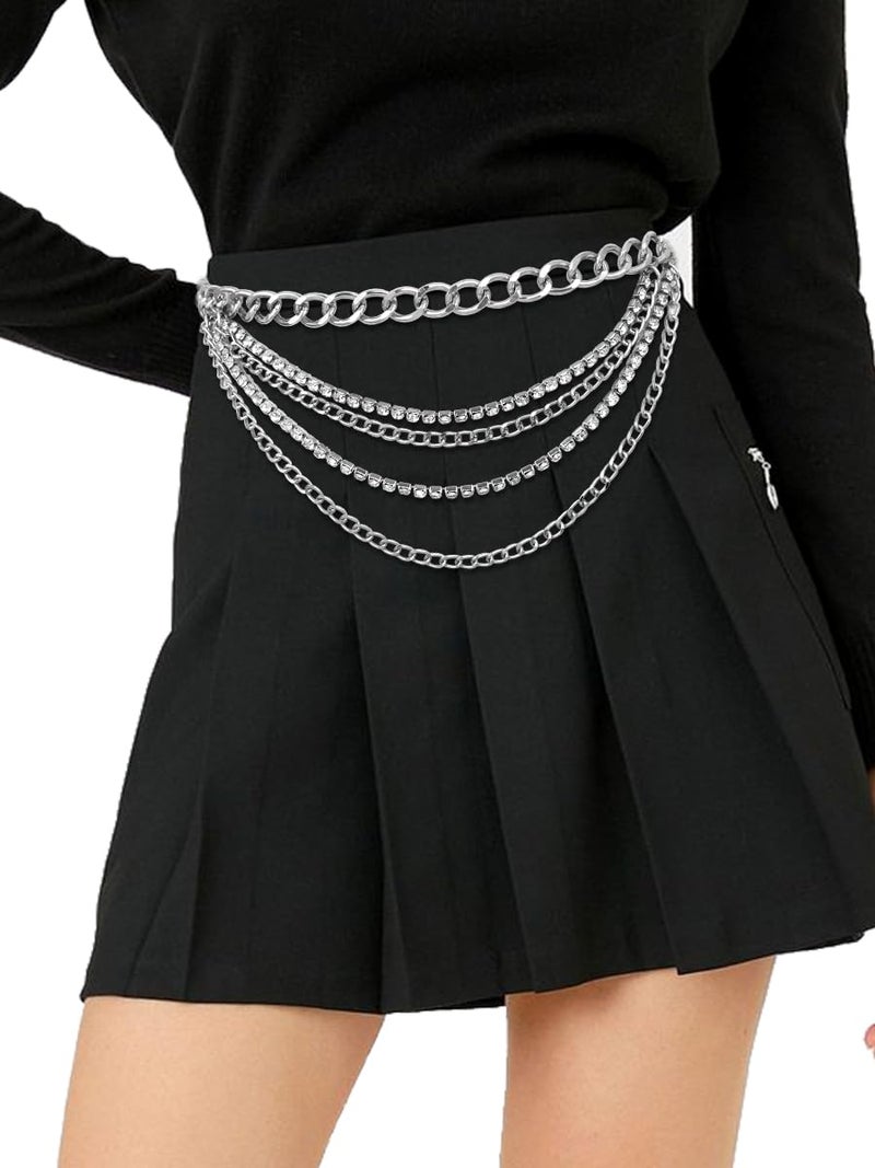 FIORETTO Chain Belt for Women Fashion Multilayer Rhinestone Belts Metal Waist Chain Crystal Sparkly Chunky Link Belts for Dress Silver Length 39" - Image 4