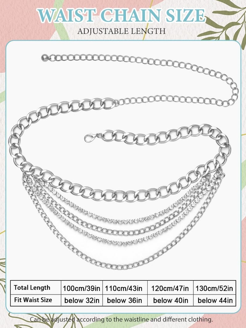 FIORETTO Chain Belt for Women Fashion Multilayer Rhinestone Belts Metal Waist Chain Crystal Sparkly Chunky Link Belts for Dress Silver Length 39" - Image 3