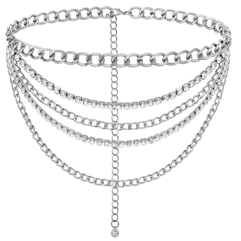 FIORETTO Chain Belt for Women Fashion Multilayer Rhinestone Belts Metal Waist Chain Crystal Sparkly Chunky Link Belts for Dress Silver Length 39" - Image 1