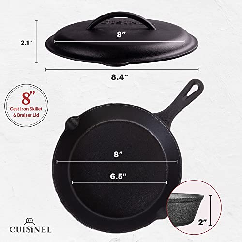 Cuisinel Cast Iron Skillet with Lid - 8"-inch Pre-Seasoned Covered Frying Pan Set + Silicone Handle and Lid Holders + Scraper/Cleaner - Indoor/Outdoor, Oven, Camping Fire, Grill Safe Kitchen Cookware - Image 2