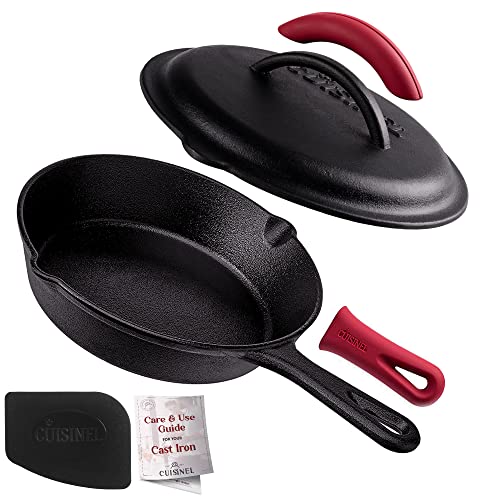Cuisinel Cast Iron Skillet with Lid - 8"-inch Pre-Seasoned Covered Frying Pan Set + Silicone Handle and Lid Holders + Scraper/Cleaner - Indoor/Outdoor, Oven, Camping Fire, Grill Safe Kitchen Cookware - Image 1
