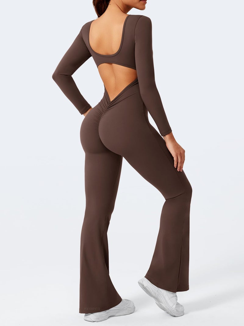 YEOREO One Piece Wide Leg Jumpsuits for Women Workout Long Sleeve Backless Flare Jumpsuit Lizvette Scrunch V Back Yoga Romper Brown M - Image 5
