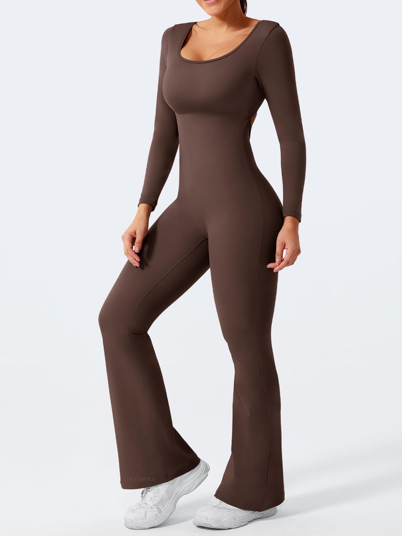 YEOREO One Piece Wide Leg Jumpsuits for Women Workout Long Sleeve Backless Flare Jumpsuit Lizvette Scrunch V Back Yoga Romper Brown M - Image 4