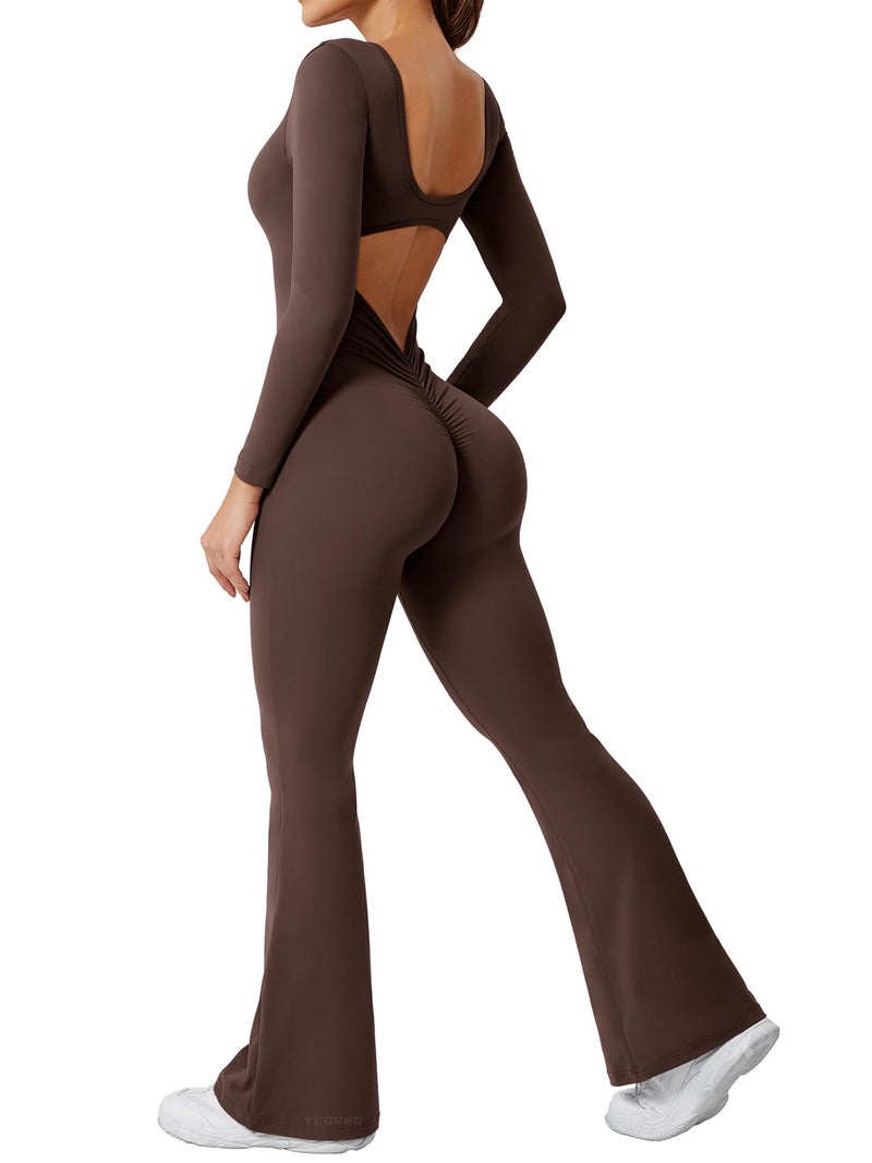 YEOREO One Piece Wide Leg Jumpsuits for Women Workout Long Sleeve Backless Flare Jumpsuit Lizvette Scrunch V Back Yoga Romper Brown M - Image 1