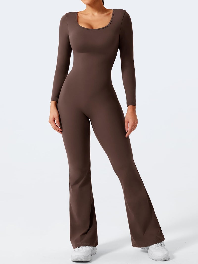 YEOREO One Piece Wide Leg Jumpsuits for Women Workout Long Sleeve Backless Flare Jumpsuit Lizvette Scrunch V Back Yoga Romper Brown M - Image 2