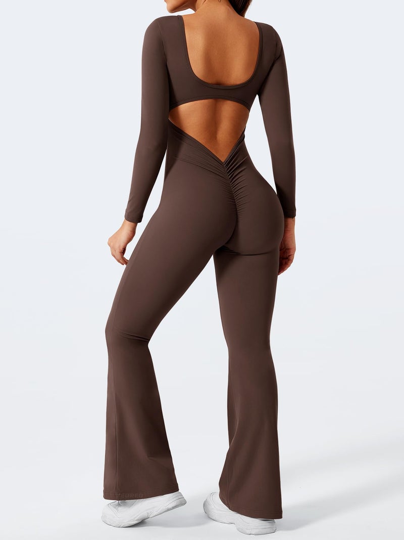YEOREO One Piece Wide Leg Jumpsuits for Women Workout Long Sleeve Backless Flare Jumpsuit Lizvette Scrunch V Back Yoga Romper Brown M - Image 3