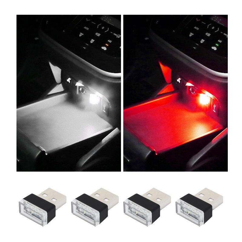 Augeny 4 PCS USB LED Car Interior Atmosphere Lamp, Plug-in USB Decor Night Light, Portable Auto Ambient Lighting Kit, Universal Vehicle Interior Accessories for Most Cars (White & Red) - Image 1