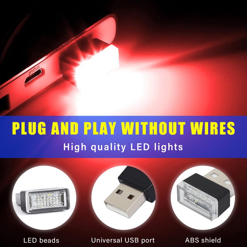 Augeny 4 PCS USB LED Car Interior Atmosphere Lamp, Plug-in USB Decor Night Light, Portable Auto Ambient Lighting Kit, Universal Vehicle Interior Accessories for Most Cars (White & Red) - Image 3