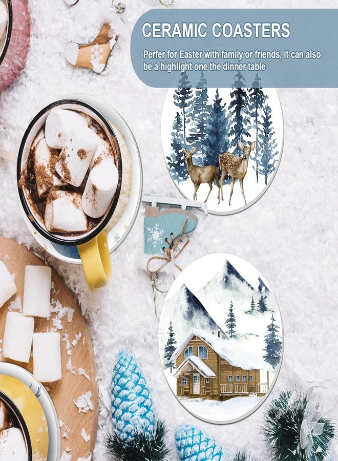 وولاين مجموعة قواعد أكواب "عيد ميلاد سعيد" من والين، 4 قطع، قواعد أكواب زرقاء بألوان مائية، قواعد أكواب سيراميك ماصة بتصميم غزال عيد الميلاد، قاعدة أكواب شتوية لتزيين طاولة المطبخ والمنزل - Image 4