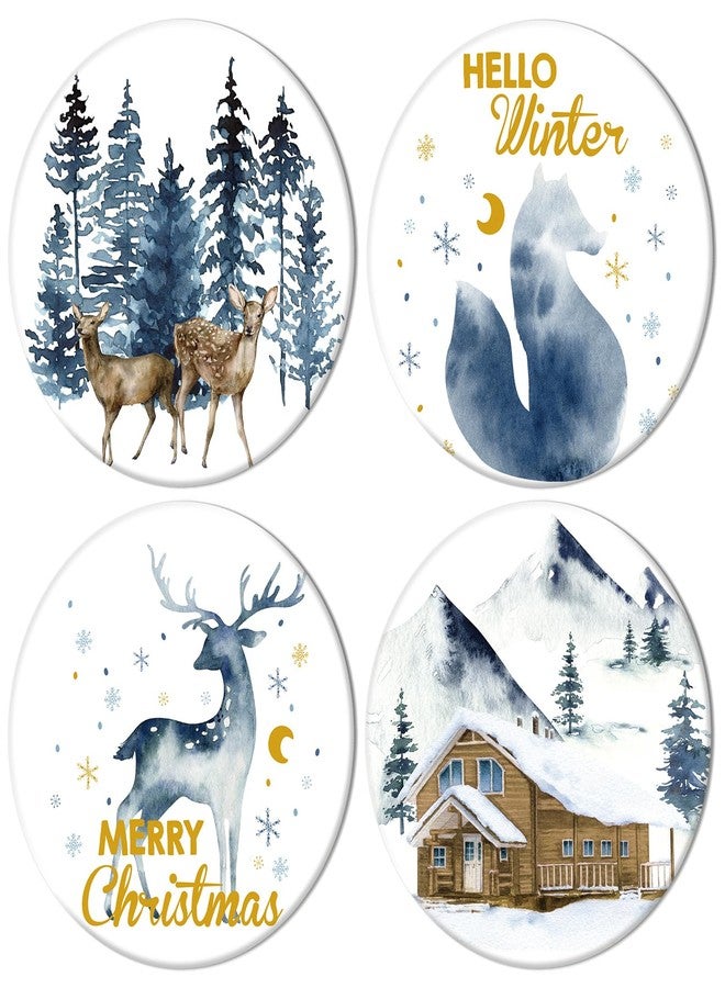 وولاين مجموعة قواعد أكواب "عيد ميلاد سعيد" من والين، 4 قطع، قواعد أكواب زرقاء بألوان مائية، قواعد أكواب سيراميك ماصة بتصميم غزال عيد الميلاد، قاعدة أكواب شتوية لتزيين طاولة المطبخ والمنزل - Image 1