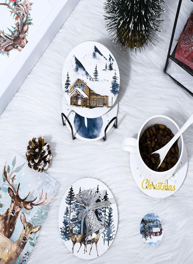 وولاين مجموعة قواعد أكواب "عيد ميلاد سعيد" من والين، 4 قطع، قواعد أكواب زرقاء بألوان مائية، قواعد أكواب سيراميك ماصة بتصميم غزال عيد الميلاد، قاعدة أكواب شتوية لتزيين طاولة المطبخ والمنزل - Image 5