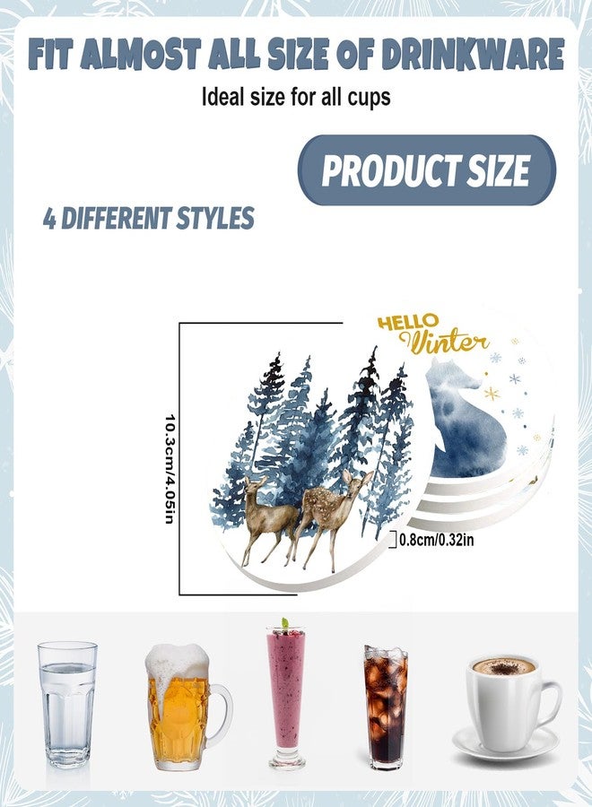 وولاين مجموعة قواعد أكواب "عيد ميلاد سعيد" من والين، 4 قطع، قواعد أكواب زرقاء بألوان مائية، قواعد أكواب سيراميك ماصة بتصميم غزال عيد الميلاد، قاعدة أكواب شتوية لتزيين طاولة المطبخ والمنزل - Image 2