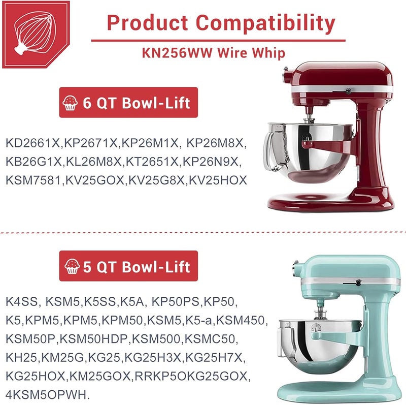 جلينك ملحق سلك الخفق GLINK لخلاطات KitchenAid ذات الرفع من 5-6 كوارت، بديل سلك الخفق K5AWW، خفاقة البيض والقشدة الثقيلة والمايونيز، فضي - Image 4