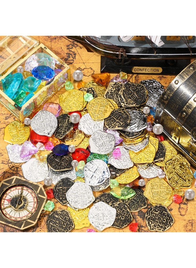 هانايف مجموعة ألعاب كنز القراصنة من هانايف، 319 قطعة، عملات ذهبية مزيفة، أحجار كريمة ومجوهرات بلاستيكية، ديكورات حفلات القراصنة، كنز لمغامرات القراصنة، عملات حفلات حمام السباحة الصيفية (غير منتظمة) - Image 4