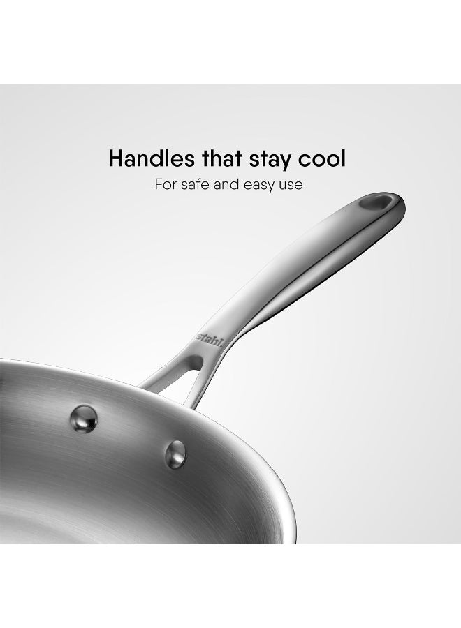 Stahl مقلاة ستال أرتيزان ثلاثية الفولاذ المقاوم للصدأ مع غطاء، 2.3 لتر، 28 سم - متوافقة مع مواقد الحث والغاز، لقلي البيض وعمل الأومليت - Image 4
