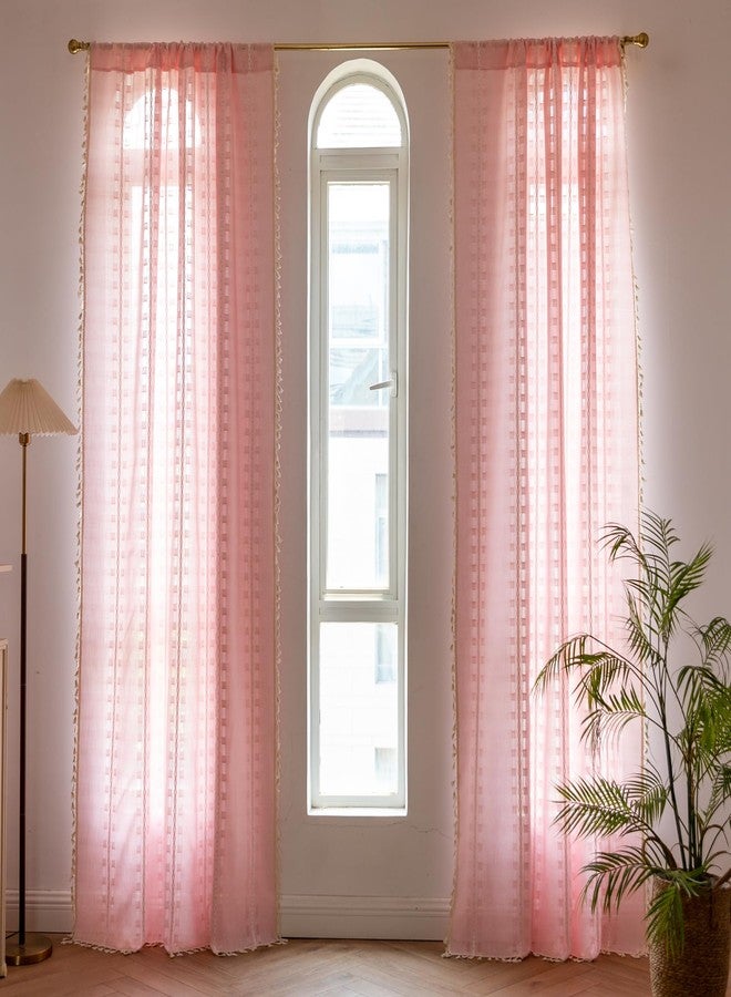 BCLBUSTE Pink Boho Curtains 63 inch Long 2 Panels for Gilrs Bedroom Living Room Nursery, Vintage Embroidered Semi Sheer Linen Farmhouse Light Filtering Drapes Rod Pocket Privacy Neutral Bohemian decor,W52xL63 - Image 2