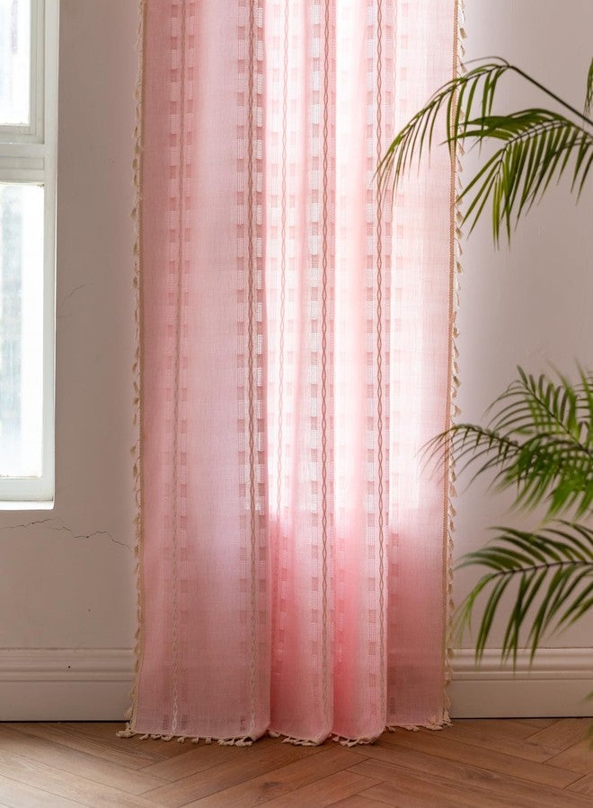 BCLBUSTE Pink Boho Curtains 63 inch Long 2 Panels for Gilrs Bedroom Living Room Nursery, Vintage Embroidered Semi Sheer Linen Farmhouse Light Filtering Drapes Rod Pocket Privacy Neutral Bohemian decor,W52xL63 - Image 3
