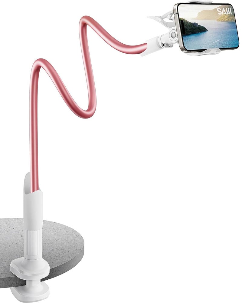 SAIJI Gooseneck Cell Phone Holder, Universal Clamp Lazy Mount Clip Hands Free Flexible Long Arm Bracket Grip for 4.0-6.3 Phones Mobile Tabletop Stand for Desk, Bed, Office, Kitchen (Rose Gold) - Image 1