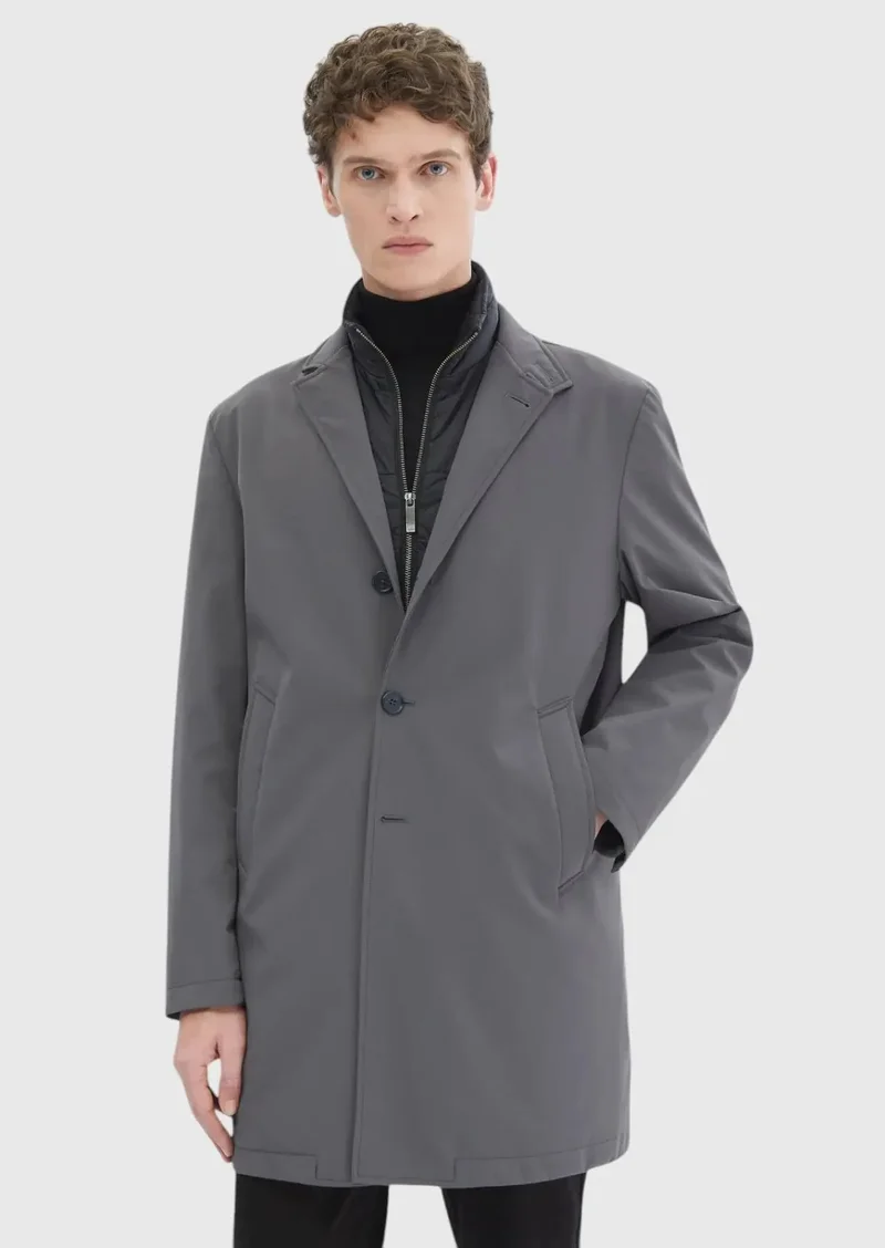 رامسي معطف مطري رمادي داكن بقصة عادية وياقة مزدوجة الصدر بتصميم كاجوال منسوج