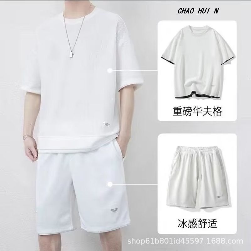 New Quick Dry Waffle Short-Sleeved T-Shirt Casual Suit Youth Summer Sports Trendy Shorts Men'S Two-Piece Set - Image 5