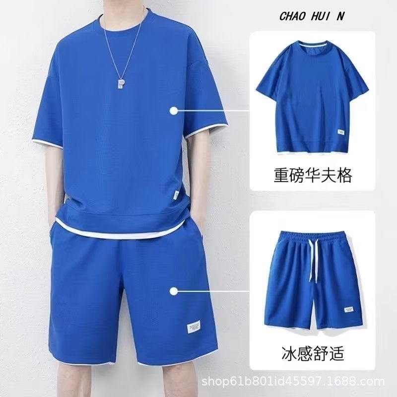 New Quick Dry Waffle Short-Sleeved T-Shirt Casual Suit Youth Summer Sports Trendy Shorts Men'S Two-Piece Set - Image 3