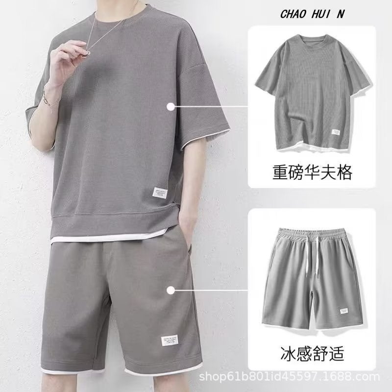 New Quick Dry Waffle Short-Sleeved T-Shirt Casual Suit Youth Summer Sports Trendy Shorts Men'S Two-Piece Set - Image 2
