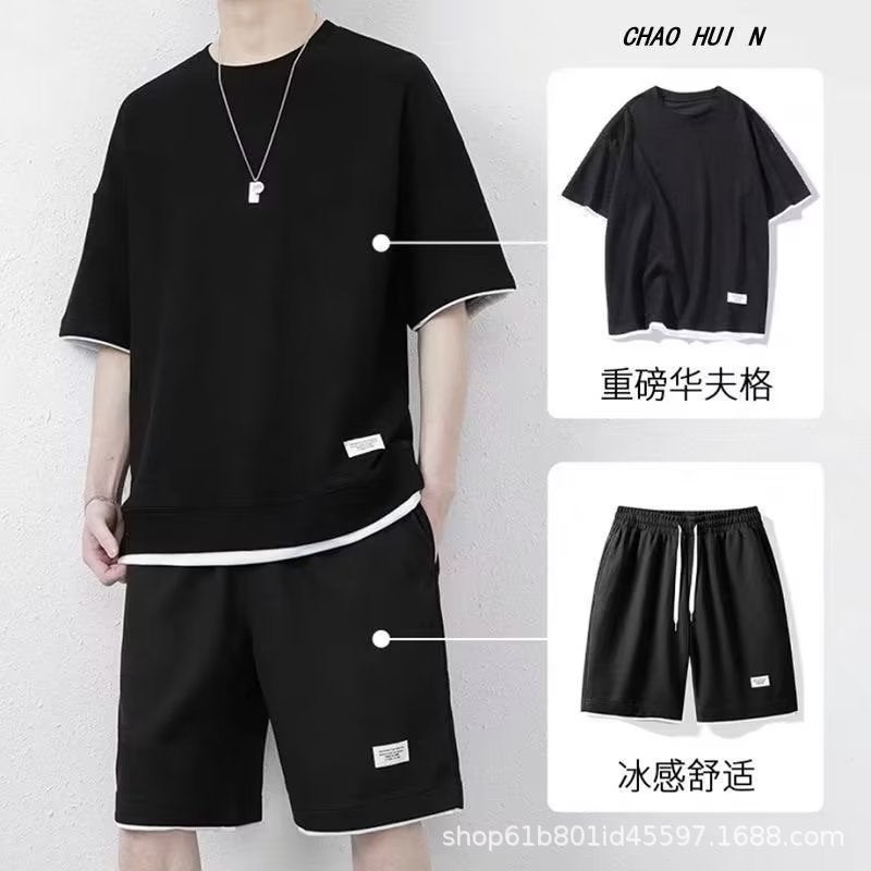 New Quick Dry Waffle Short-Sleeved T-Shirt Casual Suit Youth Summer Sports Trendy Shorts Men'S Two-Piece Set - Image 4
