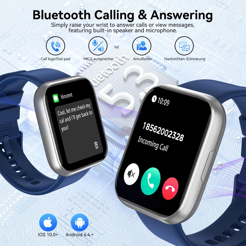 QONBINK Smart Watch for Men Women, 1.85" HD Smart Watch with Bluetooth Calls, 120+ Sport Modes Fitness Watch, Fitness Tracker 24/7 Heart Rate/Sleep Monitor, IP68 Waterproof, iOS Android Compatible (Blue) - Image 2