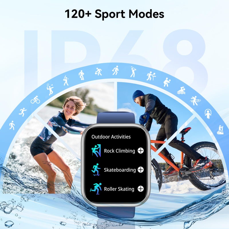 QONBINK Smart Watch for Men Women, 1.85" HD Smart Watch with Bluetooth Calls, 120+ Sport Modes Fitness Watch, Fitness Tracker 24/7 Heart Rate/Sleep Monitor, IP68 Waterproof, iOS Android Compatible (Blue) - Image 3