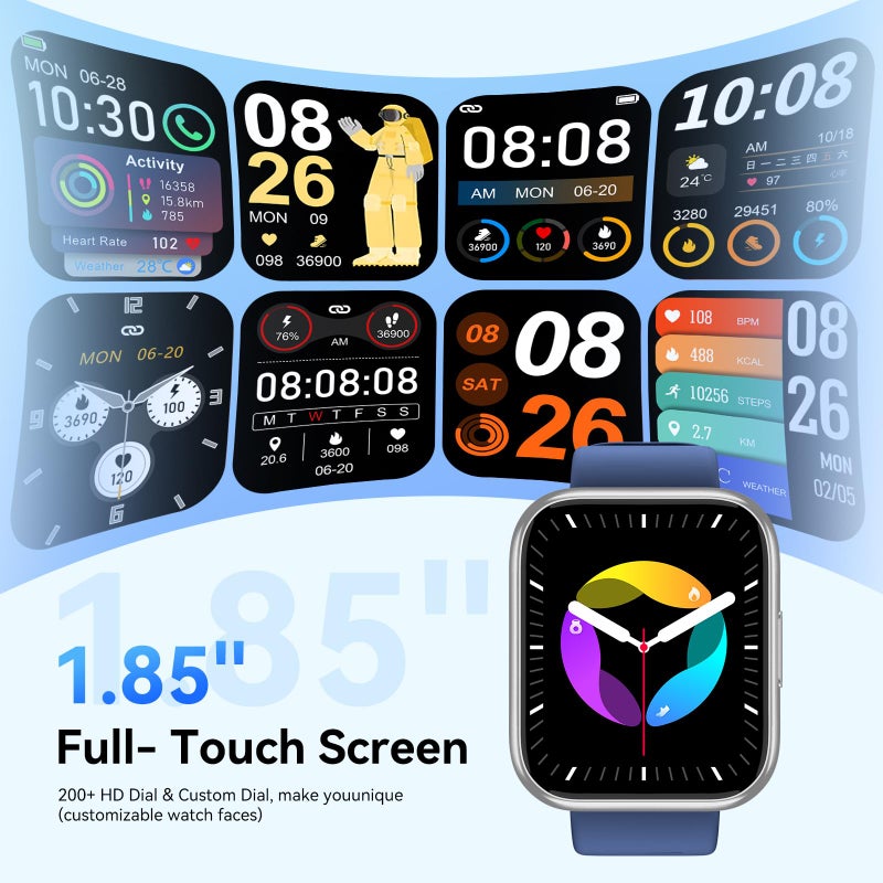 QONBINK Smart Watch for Men Women, 1.85" HD Smart Watch with Bluetooth Calls, 120+ Sport Modes Fitness Watch, Fitness Tracker 24/7 Heart Rate/Sleep Monitor, IP68 Waterproof, iOS Android Compatible (Blue) - Image 5