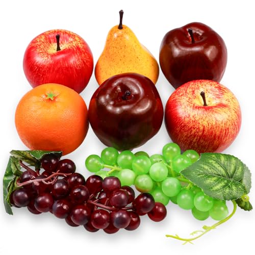Ikosora 8 Pcs Fake Fruit Pack, Artificial Fruit Set for Decoration Home, Simulation Fruit Props for Party Decoration Kitchen Dining Table Display, Lifelike Faux Fruits Apple Grape Orange Pear - Image 5