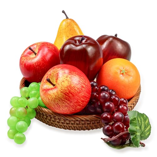 Ikosora 8 Pcs Fake Fruit Pack, Artificial Fruit Set for Decoration Home, Simulation Fruit Props for Party Decoration Kitchen Dining Table Display, Lifelike Faux Fruits Apple Grape Orange Pear - Image 1