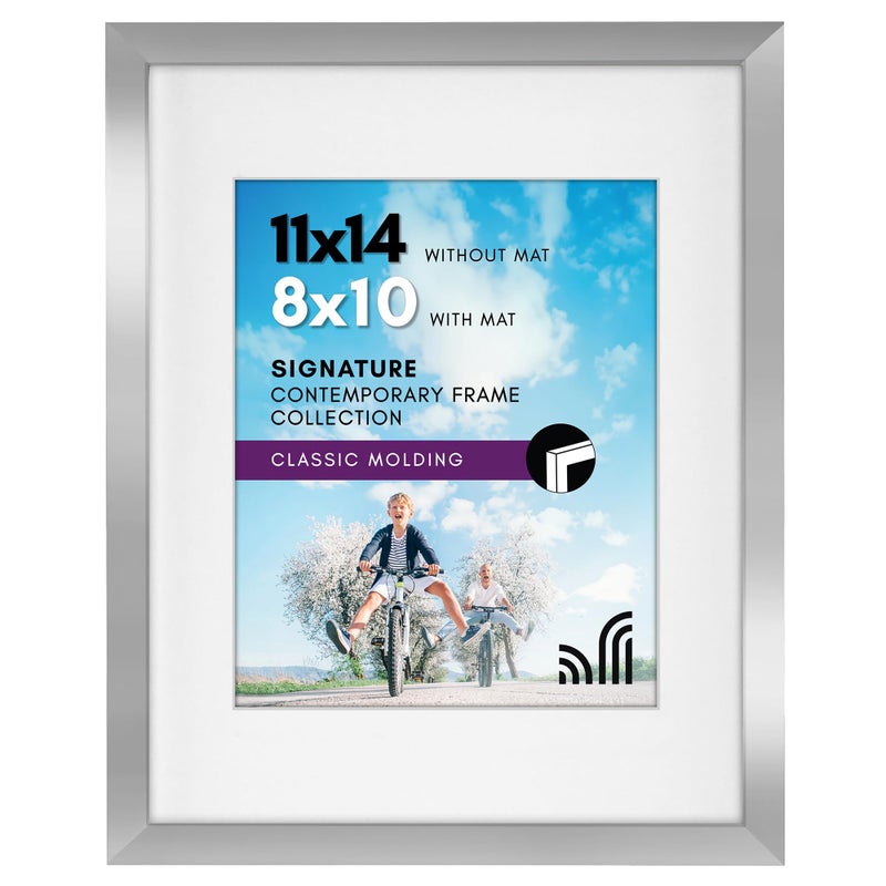 Americanflat 11x14 Picture Frame with Shatter-Resistant Glass - Use as 8x10 Frame with Mat or Display 11x14 Photo Without Mat - Signature Collection - Picture Frames for Wall Display - Silver - Image 1