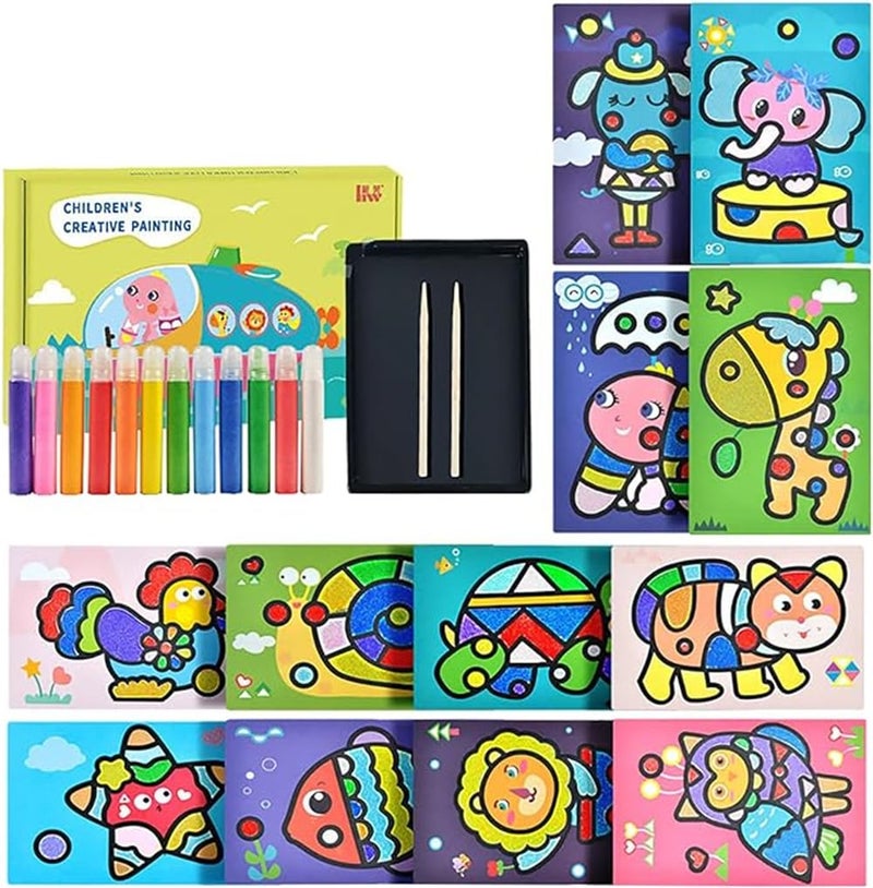 Luckam Kids Sand Painting Kit - Complete Set with 12 Colored Sands & 12 Animal Paintings, DIY Sand Art Tools, Brush & Wooden Pen for Creative Fun, Animals Pattern - Image 1