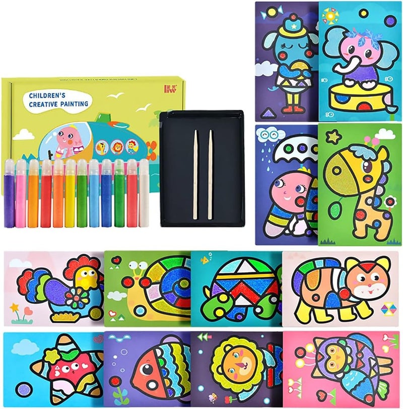 Luckam Kids Sand Painting Kit - Complete Set with 12 Colored Sands & 12 Animal Paintings, DIY Sand Art Tools, Brush & Wooden Pen for Creative Fun, Animals Pattern - Image 2