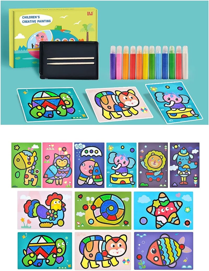 Luckam Kids Sand Painting Kit - Complete Set with 12 Colored Sands & 12 Animal Paintings, DIY Sand Art Tools, Brush & Wooden Pen for Creative Fun, Animals Pattern - Image 3
