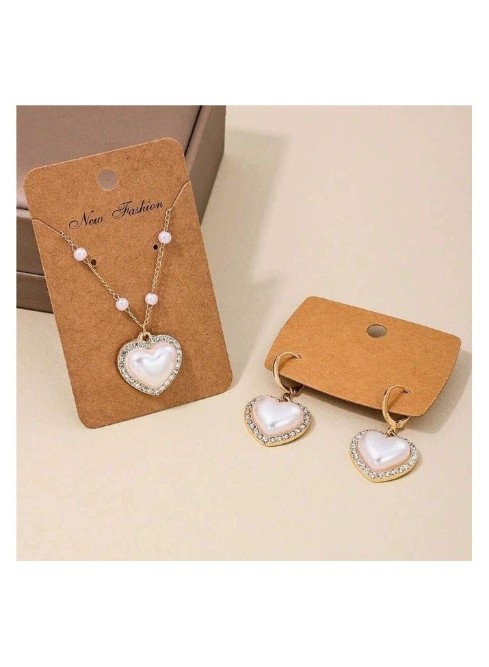 Goolsky Korean Style Heart & Pearl Necklace and Earring Set – Elegant Vintage-Inspired Jewelry for Women, Formal/Daily Wear - Image 1
