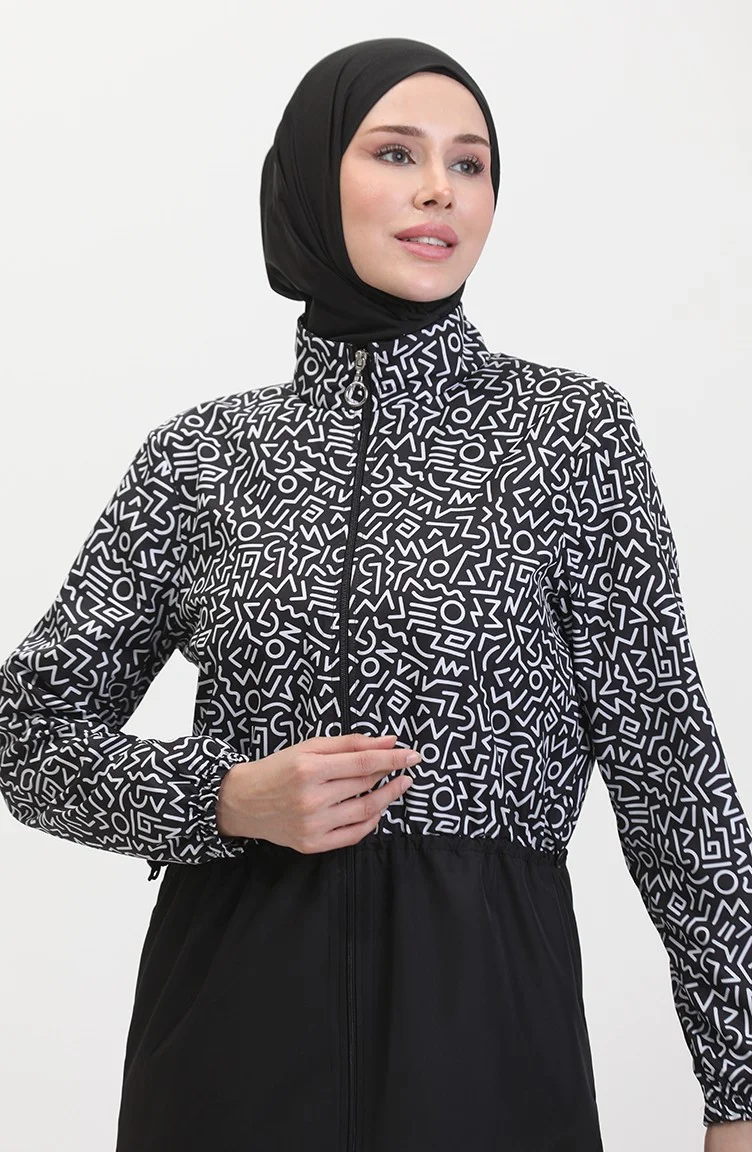 Sefa Merve  Selen Elastic Waist Hijab Swimsuit 5043-01 Black White for Women | Best Price UAE