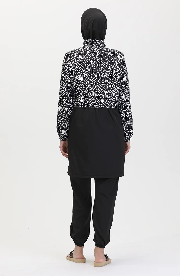 Sefa Merve  Selen Elastic Waist Hijab Swimsuit 5043-01 Black White for Women | Best Price UAE