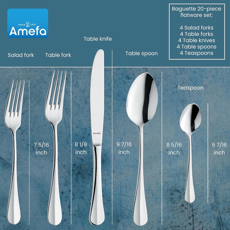 Amefa Baguette 20piece Premium 1810 Stainless Steel Flatware Set High Gloss Mirror Finish Silverware Set Service for 4 Dishwasher Safe Rust resistant Cutlery - Image 2