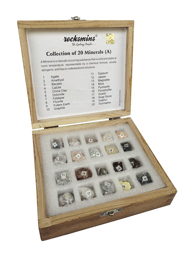 روكسمينز مجموعة روكسمين من 20 عينة معدنية في صندوق خشبي، مثالية للتعليم المدرسي. مجموعة عينات جيولوجية، علوم الأرض، أحجار، نشاط ذاكرة معدنية، جيولوجيا، ألعاب تعليمية رائعة للأطفال في مجالات العلوم والتكنولوجيا والهندسة والرياضيات. - Image 2