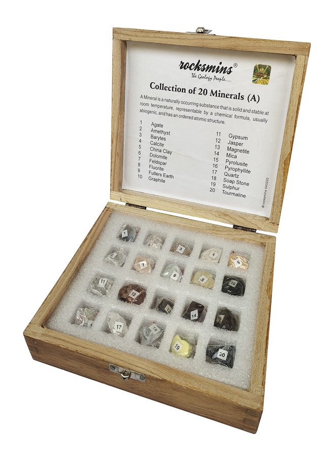 روكسمينز مجموعة روكسمين من 20 عينة معدنية في صندوق خشبي، مثالية للتعليم المدرسي. مجموعة عينات جيولوجية، علوم الأرض، أحجار، نشاط ذاكرة معدنية، جيولوجيا، ألعاب تعليمية رائعة للأطفال في مجالات العلوم والتكنولوجيا والهندسة والرياضيات. - Image 5