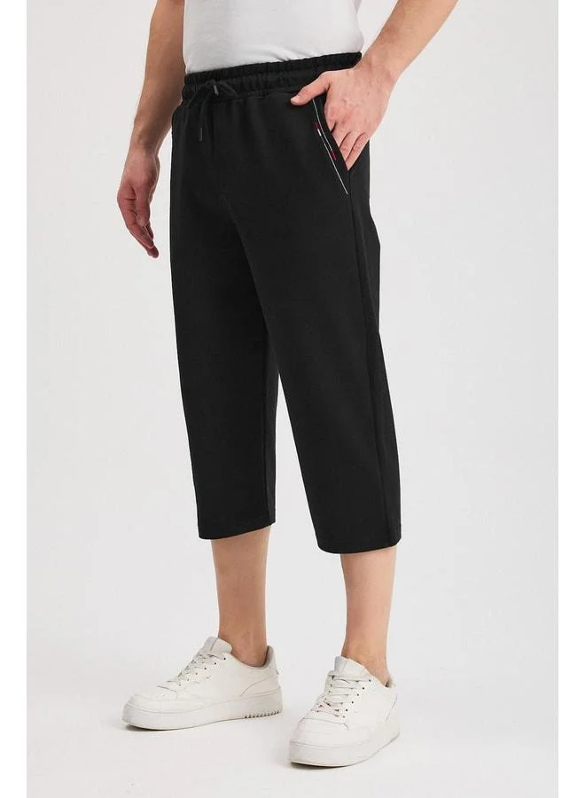 Men's Black Bermuda Shorts with Side Pockets, Knee-Length, Adjustable Elastic Waist